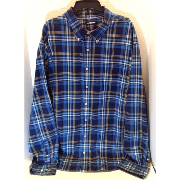 Lands End Shirt Men 4XL Tall Blue Plaid No Iron Twill Long Sleeve Button Up NEW - Picture 1 of 11